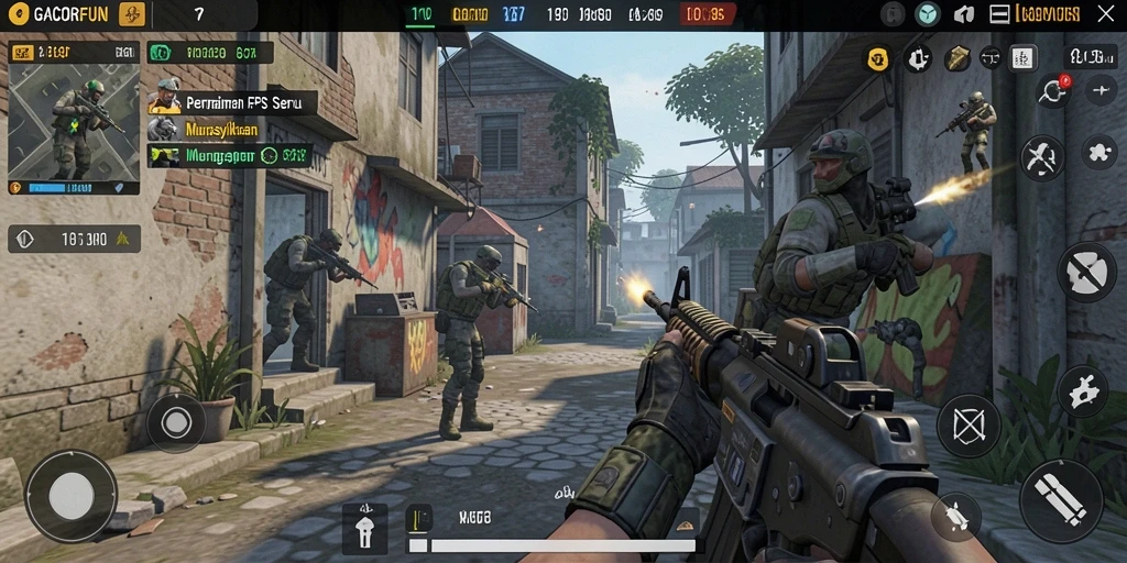 Screenshot GACORFUN menampilkan aksi menembak yang intens dalam pertempuran FPS.