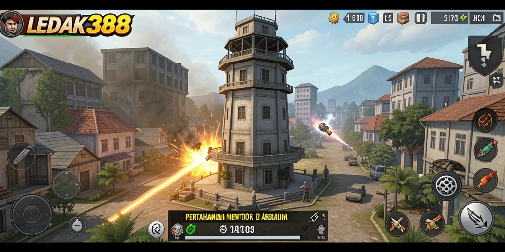Tampilan gameplay menara pertahanan yang epik di LEDAK388.