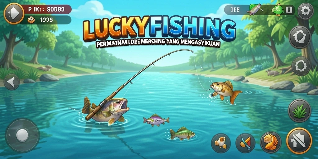 Gameplay menarik LUCKYFISHING menunjukkan aksi memancing yang seru.